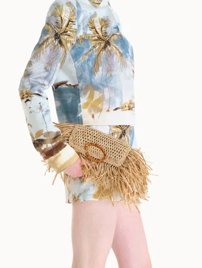 Oscar De La Renta Raffia Fringe O Pochette In Brown