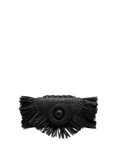 Oscar De La Renta Raffia Fringe Tro Bag In Black