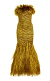 Oscar De La Renta Raffia-fringed Silk Maxi Dress In Gold