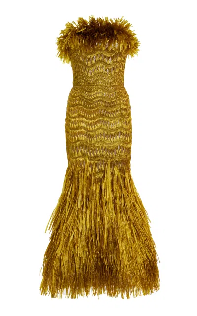 Oscar De La Renta Raffia-fringed Silk Maxi Dress In Gold