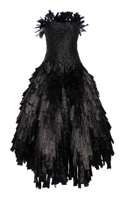 Oscar De La Renta Raffia-fringed Silk Midi Dress In Black