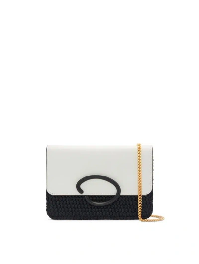 Oscar De La Renta O-pochette Embellished Raffia-paneled Leather Shoulder Bag In Black/ivory