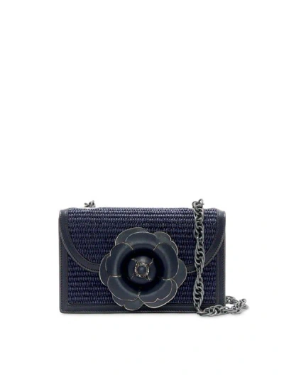 Oscar De La Renta Raffia Woven Tro Bag In Navy