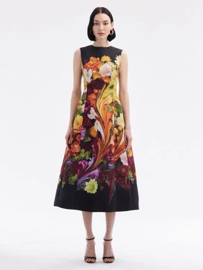 Oscar De La Renta Rainbow Flower Marble Dress In Black Multi