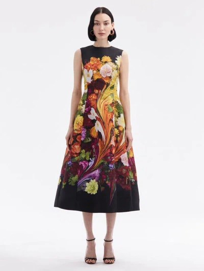 Oscar De La Renta Rainbow Flower Marble Dress In Black