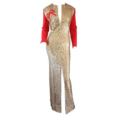 Pre-owned Oscar De La Renta Rare Vintage  Gold Sequin " Red Ribbon " Dress Gown