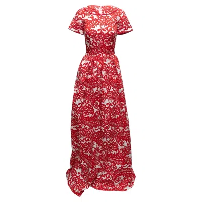Pre-owned Oscar De La Renta Red & White  Printed Maxi Dress Size Us S