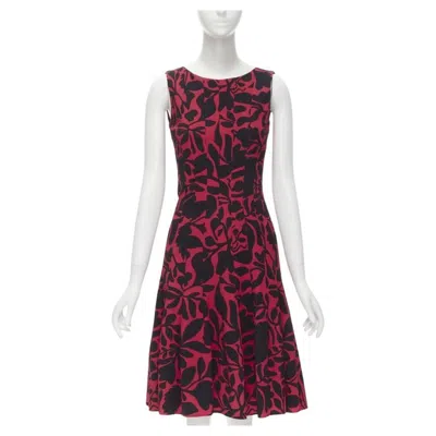 Pre-owned Oscar De La Renta Red Black Floral Print Panelled Fit Flared Dress Xs