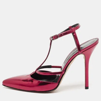 Pre-owned Oscar De La Renta Red Leather Pointed Toe Ankle Strap Pumps Size 38