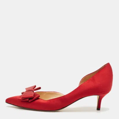 Pre-owned Oscar De La Renta Red Satin Pointed Toe Bow D'orsay Pumps Size 41