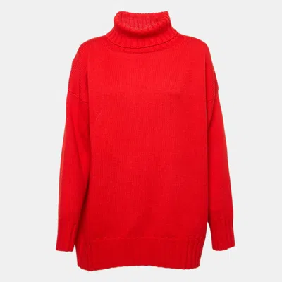 Pre-owned Oscar De La Renta Red Wool Rib Knit Turtle Neck Sweater S