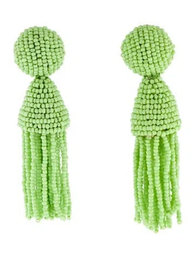 Pre-owned Oscar De La Renta Resin Beaded Classic Short Tassel Drop Clip-on Earrings In Green