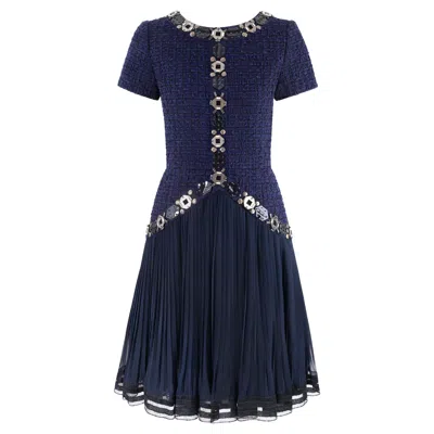 Pre-owned Oscar De La Renta Resort 2010 Blue Embellished Tweed Fit & Flare Pleated Dress 4