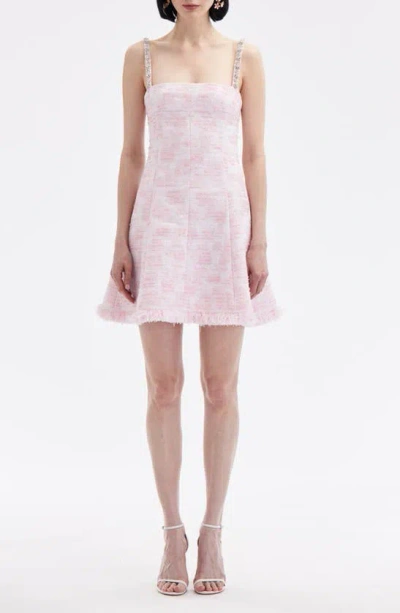 Oscar De La Renta Rhinestone Strap Tweed Minidress In White/ Pink