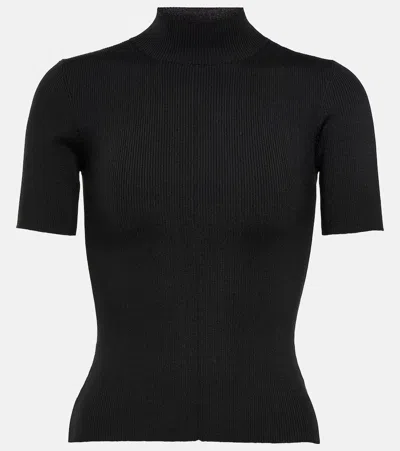 Oscar De La Renta Tie-detailed Ribbed Silk-blend Top In Black