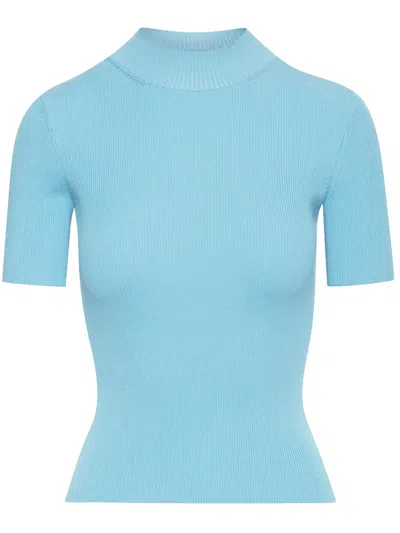 Oscar De La Renta Short Sleeve Mock Neck Ribbed Pullover In Pastel Blue