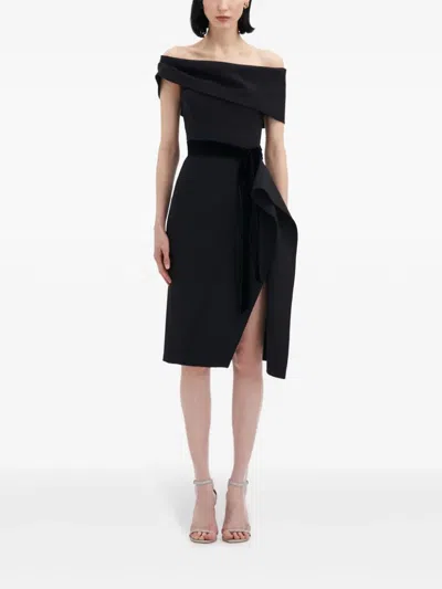 Oscar De La Renta Off-the-shoulder Belted Velvet-trimmed Grain De Poudre Wool-blend Midi Dress In Black