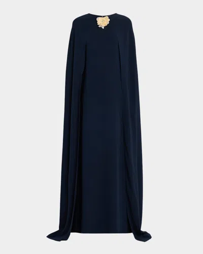 Oscar De La Renta Rose Applique Cape Gown In Blue