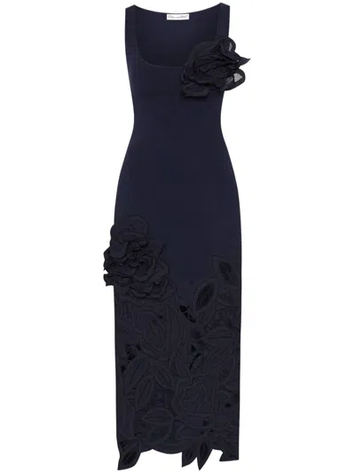Oscar De La Renta Rose-appliqué Knitted Midi Dress In 蓝色