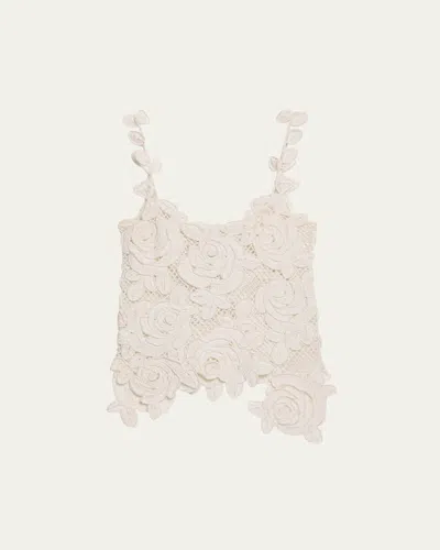Oscar De La Renta Rose Crochet Mesh Asymmetric Tank Top In White