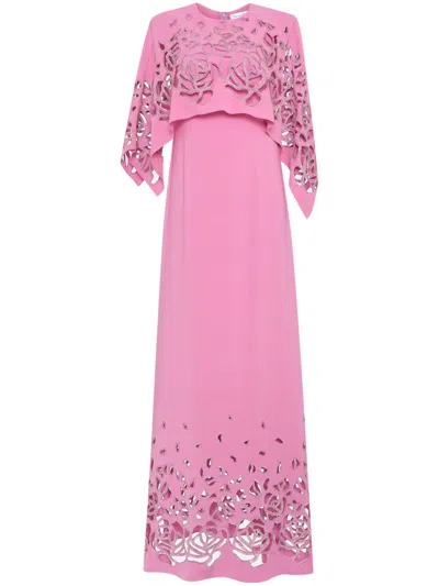 Oscar De La Renta Rose Embroidered Cape Kaftan In Pink