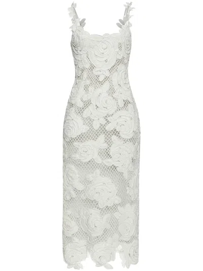 Oscar De La Renta Rose-embroidered Crochet-knit Midi Dress In White