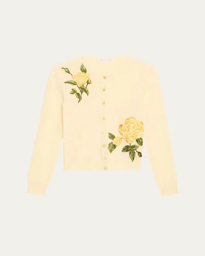 Oscar De La Renta Rose Embroidered Wool Cardigan In Soft Yellow