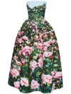 Oscar De La Renta Rose Field Strapless Silk Faille Cocktail Dress In Green