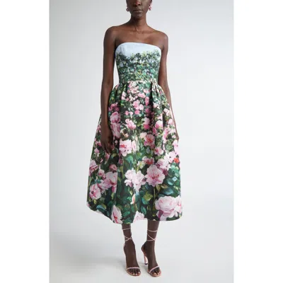 Oscar De La Renta Rose Field Strapless Silk Faille Cocktail Dress