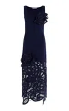 Oscar De La Renta Rose Guipure Long Knit Dress In Navy