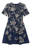 Oscar De La Renta Rose Jacquard Fit & Flare Dress In White/indigo