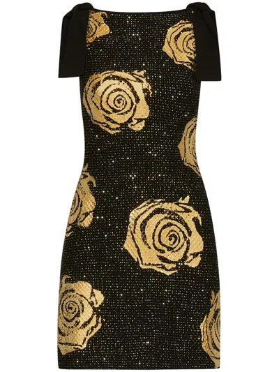 Oscar De La Renta Rose-motif Foiled Mini Dress In Black