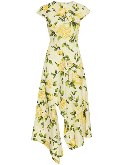 Oscar De La Renta Asymmetric Cotton Poplin Midi Dress In Yellow