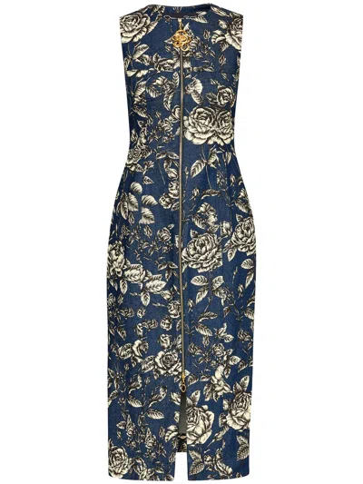 Oscar De La Renta Denim-midikleid Mit Rosen-print In Blau