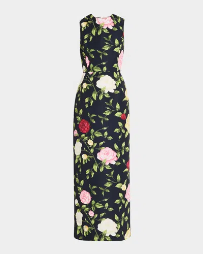 Oscar De La Renta Rose Print Faille Dress In Navy Multi
