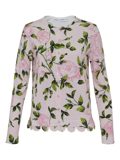 Oscar De La Renta Rose-print Scallop-hem Cardigan In Pink