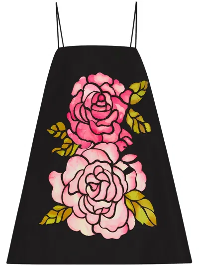 Oscar De La Renta Rose-print Trapeze Mini Dress In Black