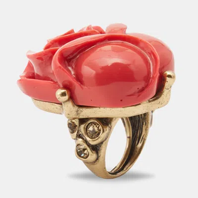 Pre-owned Oscar De La Renta Rose Red Amaranth Gold Tone Ring Size 55
