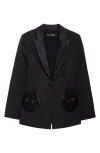 Oscar De La Renta Rosette Detail Virgin Wool Grain De Poudre Blazer In Black