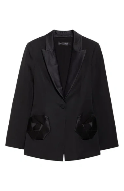 Oscar De La Renta Rosette Detail Virgin Wool Grain De Poudre Blazer In Black
