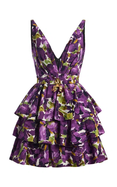 Oscar De La Renta Ruffled Watercolor Iris Mini Dress In Purple
