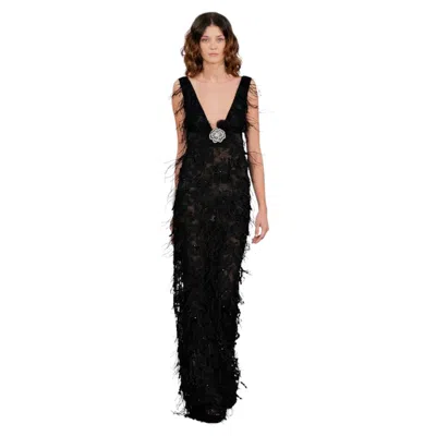 Pre-owned Oscar De La Renta Runway 2013 Black Lace Feather Beaded Sequin Evening Gown Us 8