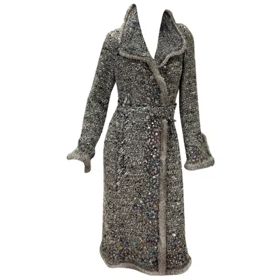 Pre-owned Oscar De La Renta Runway Fw 2004 Beaded Embroidered Fur Trim Coat Cardigan Xl In Gray