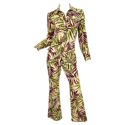 Pre-owned Oscar De La Renta Runway Spring 2002 Size 4 Palm Tropical Safari Print Jumpsuit In Sand