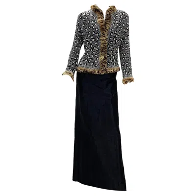 Pre-owned Oscar De La Renta Runway S/s 2001 Fully Beaded Fur Leopard Pattern Skirt Suit 10 In Black