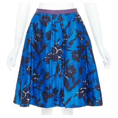 Pre-owned Oscar De La Renta S07 Blue Black Silk Cotton Floral Print Full Midi Skirt Us2 S