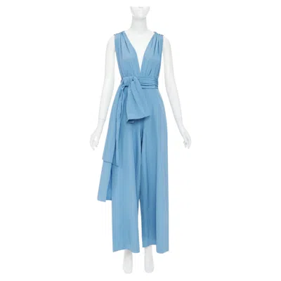 Pre-owned Oscar De La Renta S20 Runway Sky Blue Moire Faille Sash Tie Casual Jumpsuit Us0