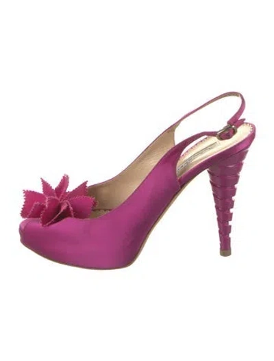 Pre-owned Oscar De La Renta Satin Bow Accents Slingback Pumps In Purple