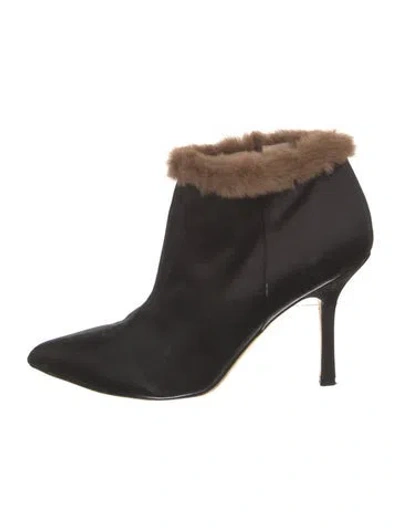 Pre-owned Oscar De La Renta Satin Colorblock Pattern Boots In Black