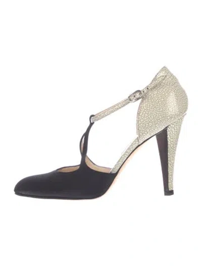 Pre-owned Oscar De La Renta Satin Colorblock Pattern T-strap Pumps In Black